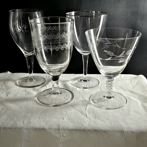 Mismatched Wine Cocktail Glasses set/4 vtg mixed silver rim etch glassware party - Picture 2 of 10